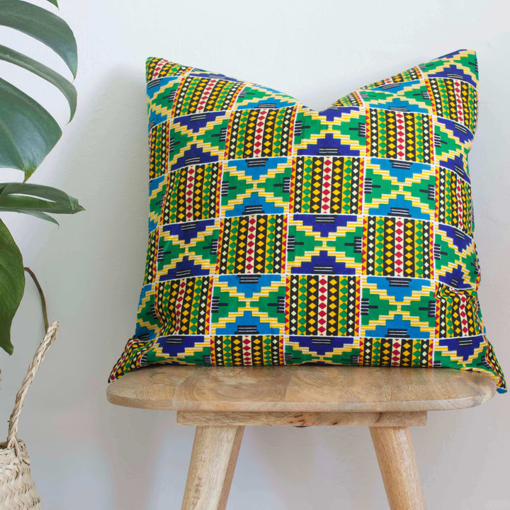 Blue and Green Geometric African Cushion Cover - Tropikala